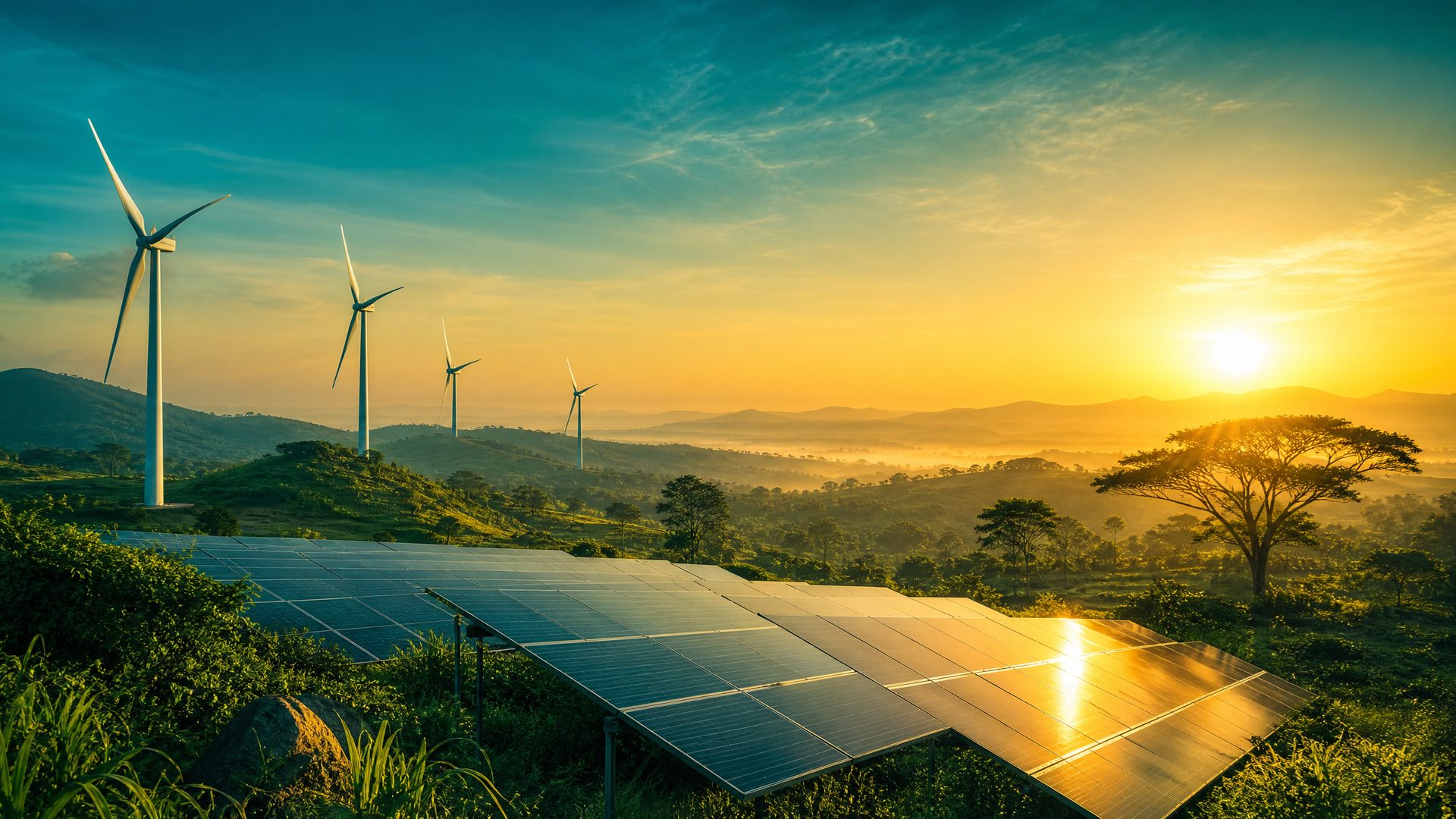 Solar and wind field in West Africa at sunrise